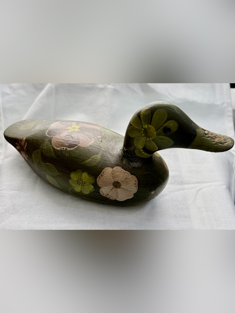 Hand-Painted Olive Green Floral Wooden Duck Décor by Reignold Schulze